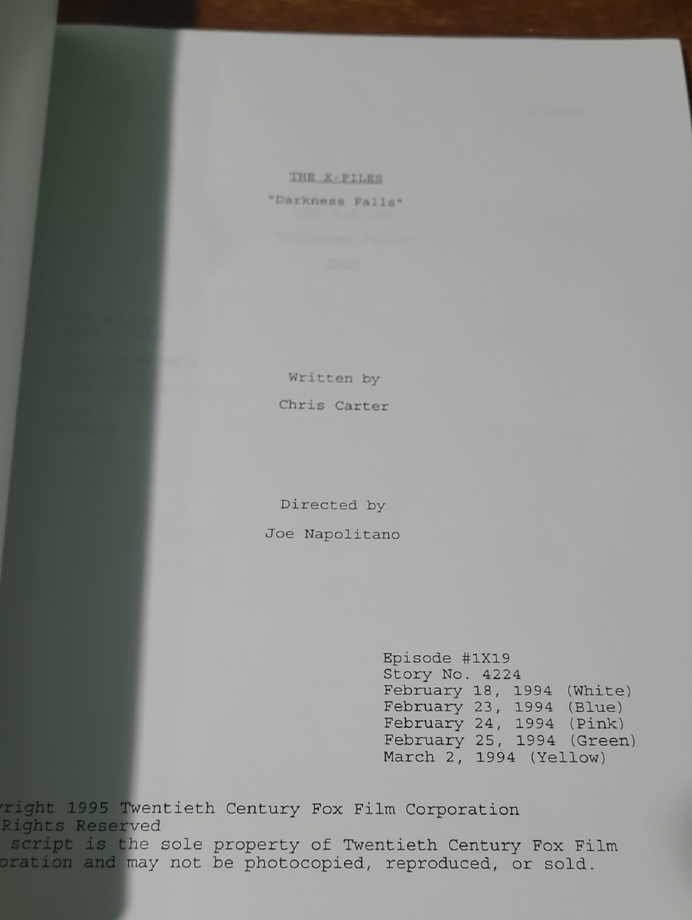 The X-Files 'Darkness Falls' Episode Script Chris Carter 1994 - Picture 3 of 5